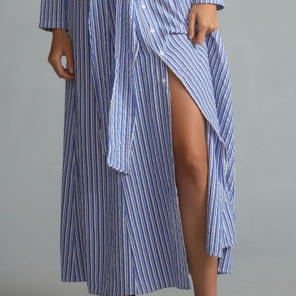 Porridge Tie-Front Shirt Dress Size Small Maxi Blue Stripped Button Front Pocket - Picture 6 of 17